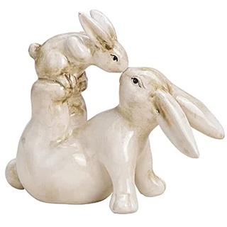 TEMPELWELT® Deko Figur Osterhase Hase mit Kind 11 cm, Keramik alt-weiß braun, Dekofigur Dekohase Hasenfamilie Osterdeko Osterfigur für Frühling Ostern Sommer