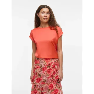 VILA Kurzarmshirt "VIELLETTE S/S SATIN TOP - NOOS", Damen, Gr. 34, rot (dubarry), Satin, Obermaterial: 100% Polyester, unifarben, regular fit normal, Rundhals, mit Umschlag, Shirts, Satin Optik