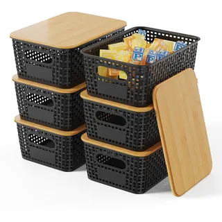 Shrivee 6er-Set Aufbewahrungsbox mit Bambus Deckel, 5L Aufbewahrungskorb, Kunststoff Korb Aufbewahrung, Küchen Aufbewahrungsboxen für Regale, Schränke, Schränke und Zuhause (Schwarz)