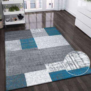 VIMODA Designer Kurzflor Teppich in Türkis, Grau und Weiß mit Kachel-Optik, Maße:80x150 cm