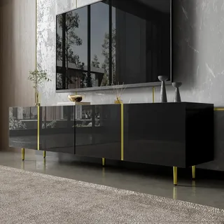 TV-Lowboard - TV-Schrank - Skandinavischer Stil - 4 Türen - Hochglanz - Metall - Zum Selbstaufbau - Wohnzimmer - Schwarz - Schwarz