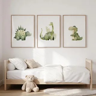 Xiyocadt 3er Poster Set, Cartoon-Grün Aquarell Dinosaurier Wandbilder – Sanfte Wandkunst für Kinderzimmer & Babyzimmer, Wanddekoration für Jungenzimmer, Ohne Rahmen (30 x 40 cm)
