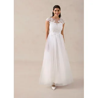Brautkleid BONPRIX, Damen, Gr. 44, N-Gr, weiß (wollweiß), Obermaterial: 100% Polyester. Futter: 100% Polyester. Spitze: 100% Polyester, festlich, ausgestellt, Kleider Brautkleid, ausgestellte Passform, aus Tüll mit Spitzenbesatz, Kurzarm-Design