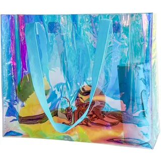 TotePrint Holografische Sternen Strandtasche aus PVC (40×30×10cm) – wasserdicht für Strand & Stadt, Handgepäck-taugliche Sommerurlaub-Tasche für Frauen & Männer (Blau)