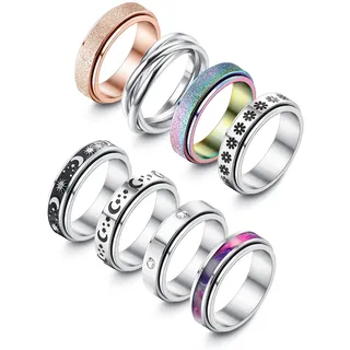 Adramata 8 Pcs Fidget Ring für Damen Herren Spinner Ringe für Anti Stress | Edelstahl Band Ringe Set,Fidget Anxiety Ring,Spinning Angst Ringe für Antistress