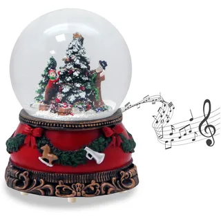 Schneekugel Christbaum schmücken | Sockel Weihnachten rot Tannengirlande | mit Spieluhr | Schüttelkugel Weihnachtsdekoration | B: 10 cm H: 14 cm | 20272