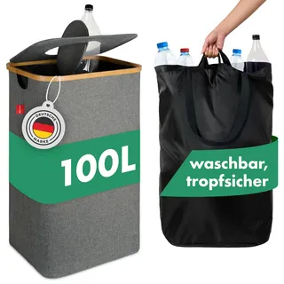 Blumtal Pflandflaschen Sammelbehälter 100L - Bambus Pfandflaschen Organizer mit Pfandflaschen Tasche - Pfandflaschen Sammler in Grau - Grau