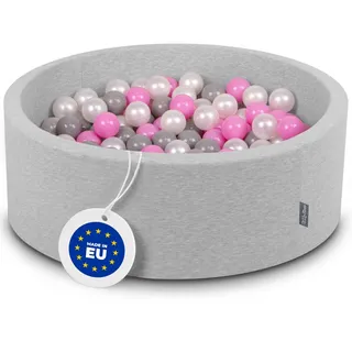 KiddyMoon Bällebad 90X30cm/300 Bälle ∅ 7Cm Bällepool Mit Bunten Bällen Für Babys Kinder Rund, Hellgrau:Perle/Grau/Pink