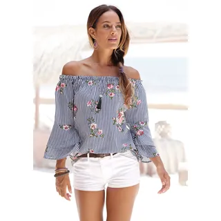 Carmenbluse LASCANA "mit Blumendruck aus gewebter Viskose", Damen, Gr. 50, blau (marine, weiß, gestreift), Web, Obermaterial: 100% Viskose, bedruckt, figurumspielend hüftlang, Carmenausschnitt, Volant, Blusen Carmenbluse, schulterfreie Damenbluse, Volantbluse, Blusenshirt mit 3/4-Ärmeln, Topseller