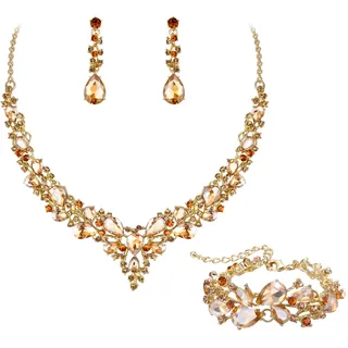 EVER FAITH Statement Halskette Ohrringe und Armband Set für Damen österreichische Kristall Tropfen Cluster Schmuckset Braun Gold-Tone