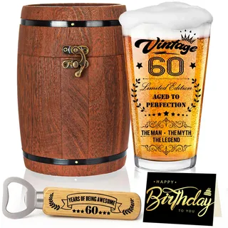Joybble Geschenke zum 60. Geschenke für Männer, Personalisierte Bierglas mit Gravur, 1966-Bierglas in Fassbox 470ml, Deko 60 Geburtstag mit Geburtstagskarte, Flaschenöffner, Valentinstag Geschenkideen