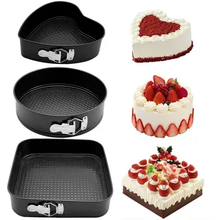 GZMAISULEE Springform Kuchenform Set 3 Stück Kuchenformen, Abnehmbarer Flachboden,Antihaft,Runde quadratische Backform in Herzform,Tortenform zum Backen Verschiedener Kuchen unt Brot (18/22/24 cm)
