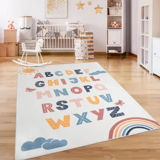 Paco Home Kinderteppich "Eliz 394", rechteckig 12 mm Höhe Kurzflor, Spielteppich, Motiv Alphabet & Regenbogen,