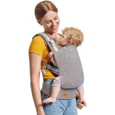 Kinderkraft Babytrage NINO CONFETTI, Rückentrage, Bauchtrage für Säuglinge und Kleinkinder, Baby Carrier, Kindertrage, Ergonomisch, aus Baumwolle, ab 3 Monate bis 20 kg, Grau