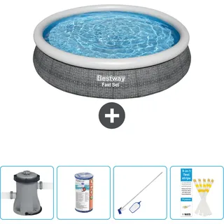 Bestway runder aufblasbarer Fast-Set-Pool – Rattan-Druck – 366 x 76 cm – inklusive Pumpe Filter - Reinigungskit - Teststreifen - Grau