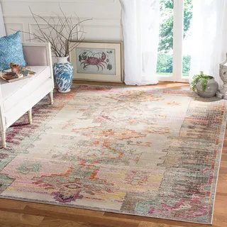 SAFAVIEH Boho Teppich für Wohnzimmer, Esszimmer, Schlafzimmer - Crystal Collection, Kurzer Flor, Hellgrau und Lila, 91 X 152 cm