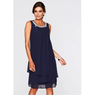Chiffonkleid BONPRIX, Damen, Gr. 36, N-Gr, blau (dunkelblau), Obermaterial: 100% Polyester. Futter: 100% Polyester, festlich, loose fit, Kleider Chiffonkleid, festliches Kleid, mit Strassstein-Applikation, aus Chiffon