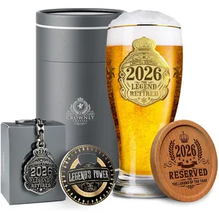 CROWNLY CRYSTAL® 2026 Personalisiertes Bierglas 570 ml Ruhestand Geschenk Idee für Männer Rente Abschied Papa Opa Kollegen Deko