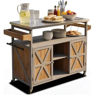 Coemo Servierwagen Grillstation James L Grau Kücheninsel Holz, auf Rollen 138 x 47 x 92 cm - Grau
