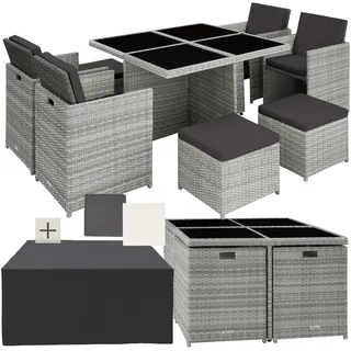 Tectake tectake® Rattan Sitzgruppe, mit Aluminiumgestell, wetterfest und UV-beständig, 2 Bezugssets, zusammenschiebbar, inklusive Schutzhülle
