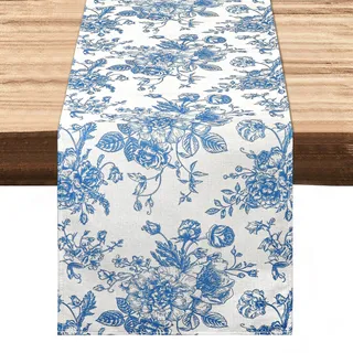 Dremisland Rose Monochrome Skizze Blau Tischläufer 32x140cm Frühling Sommer Vintage Blumen Tischtuch Tischdecke Retro Floral Tischdeko Table Runner Tischset Küche Drinnen Urlaub Party Geburtstag Dekor