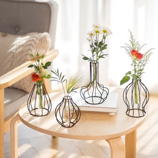 Sziqiqi Metall Geometrisch Glas Vase - Mini Schwarz Pflanzenständer Set von 4 Minimalistische Outline Blumenvasen für Hydrokultur Moderne Reagenzgläser Gestell Vasen für Tisch Wohnzimmer Schlafzimmer