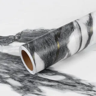 VEELIKE Schwarz und Weiß Gold Marmor Tapete Küche Rückwand Arbeitsplatte Badezimmer Abwaschbar 40 cm × 300 cm Klebefolie Marmoroptik Matt Möbelfolie Marmor Folie Küchenarbeitsplatte Esszimmer Tisch