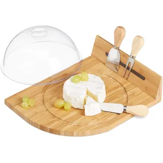 Relaxdays Käseglocke mit Bambus Käsebrett, Parmesanbrecher, Käsemesser, Käsegabel, magnetische Käseaufbewahrung, Natur