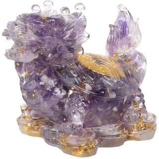 KYEYGWO Amethyst Kristall Drachen-Schildkröte Figur Deko, Harz Chinesischer Drache Stein Statue Reichtum Goldmünze Skulptur Feng Shui Wohlstand Ornament Glück Sammlerfigur für Haus Büro