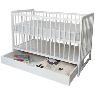 Kids Collective Babybett 60x120 cm mit Matratze und Schublade Kinderbett Gitterbett höhenverstellbar & herausnehmbare Sprossen | weiss sehr stabil Europe - Weiß