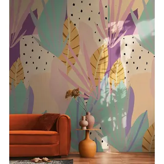 Livingwalls Anna D'Andrea Fototapete Modern 1,59 m x 2,80 m - Beige, Grün, Lila, Gelb - Tapete Blätter - 782082