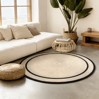 Teppich HANSE HOME "Lina", natur, elfenbein, schwarz, H:7mm Ø:200cm, Jute, Teppiche, Teppich, Jute, Handgemacht, Rund, Wohnzimmerteppich, Naturteppich