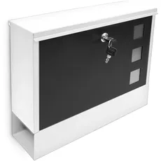 Relaxdays Briefkasten mit Zeitungfach, HBT: 30 x 36 x 10 cm, Metall, mit 2 Schlüsseln, moderner Postkasten, weiß/schwarz