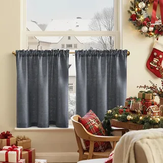 TOPICK Scheibengardine Leinenoptik Bistrogardine 2er Set 60Hx90B cm Uni Kurzer Küche Vorhänge Gewebe Gitter Lichtdurchlässig Paarig Schals für Wohnzimmer Landhaus Kleine Fenster Grau
