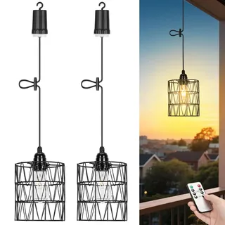 Glowlit 2 Stücke Outdoor Hängelampe mit Batterie und Fernbedienun, Innen Pendelleuchte Akku Lampe Hängend, Timer Hängeleuchte Batteriebetrieben IP65 Wasserdicht Dimmbar