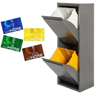Wellhome Metall-mülleimer Und Recyclingbehälter Mit 4 Magnetischen Etiketten 34l 2 Fächer - Glossy Grey / Multicolor - One Size