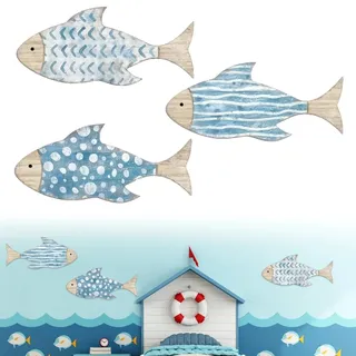 LINISITING Hölzerne Fisch Wanddekoration, 3 Stück Nautische Dekoration Ozean Wandkunst Hängende Dekoration, Vintage Badezimmer Wandkunst Ornamente, Holz Fisch Wandskulptur für Balkon Dekor