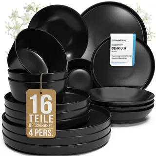 Steingut Geschirrset 4 Personen Manhattan 16-tlg. TESTSIEGER, Cooles Urbanes Steingut Geschirr Set, Schüssel- und Teller Set, Tafelservice 4 Personen, Geschirrsets Pure Living in matt Schwarz