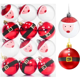 AGM 12 Stück 6CM Weihnachtskugeln, Weihnachtsmuster, Kunststoffkugeln, Kugeln zum Aufhängen, Weihnachtsbaumfest, Party und Hochzeitsdekoration (Rot & Weiß)