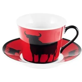 DRW Set mit 4 großen Tassen Stier Schwarz und Rot mit Untertasse 11 x 8 x 7 cm