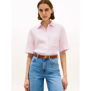 Kurzarmbluse TOMMY HILFIGER "ESS LINEN SHORT SLEEVE SHIRT", Damen, Gr. XL (46), lila powder, Web, Obermaterial: 100% Leinen, unifarben, gerade normal, V-Ausschnitt, abgesteppte Kante, Blusen Kurzarmbluse, mit aufgesetzter Brusttasche und Flag-Stickerei, reines Leinen