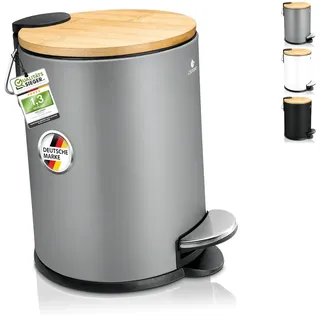 Exitoso Kleiner Mülleimer Bad grau - Kosmetikeimer 3L Bambus rutschfest - Tretmülleimer Bad Edelstahl mit Softclose Deckel - Badmülleimer Kosmetikeimer grau Bad Mülleimer Badezimmer WC Eimer