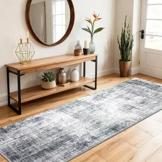 SOANNY Teppich Läufer 60x180 cm Kurzflor, modern abstrakt, super weich, waschbar und rutschfest für Flur, Wohnzimmer, Schlafzimmer, Bettumrandung, Küche, Heimbüro, Korridor und Treppe, Hellgrau