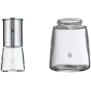 WMF De Luxe Salz und Pfeffermühle, unbefüllt, Cromargan Edelstahl Glas, Keramikmahlwerk, Mühle für Salz, Pfeffer, Chillischoten, H 14 cm & Ersatzglas Gewürzmühle De Luxe, Trend, Ceramill Nature