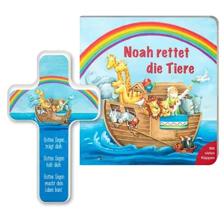 MaMeMi Taufgeschenk-Set ARCHE NOAH mit HOLZKREUZ 18 x 11 cm und BILDERBUCH mit KLAPPEN für KINDER TAUFE und PATENGESCHENK