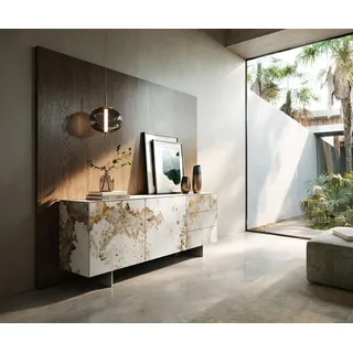 DELIFE Sideboard Cuor 180 cm Keramik Minas Melange Weiß-Beige 2 Türen 3 Schubfächer Fuß Schwebeoptik Edelstahl - Weiß, Beige