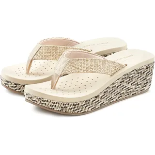Badezehentrenner VENICE BEACH "Sandale, Badeschuh, Sommerschuhe, Badelatsche, Flip Flop, Badeschlappe", Damen, Gr. 42, beige, Obermaterial: 100% Textilmaterial. Decksohle: 100% Synthetik. Futter: 100% Textilmaterial. Laufsohle: 100% Synthetik, mehrfarbig, Schuhe Badezehentrenner, Zehentrenner mit geschmücktem Keilabsatz VEGAN