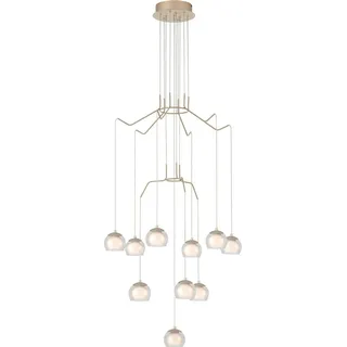 Hängeleuchte ROVIGANA Stahl champagner/Glas, Glas opal-matt klar, weiss LED 10X3,3W 3000K H:166cm Ø67cm dimmbar