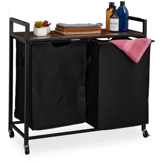 Relaxdays Wäschekorbregal Schwarz Dunkelbraun 2 Wäschekörbe auf Rollen , Textil, Metall, Holzwerkstoff , 80x74.5x33 cm , Haushalt & Reinigung, Wäschepflege, Wäschekörbe & Wäschetonnen