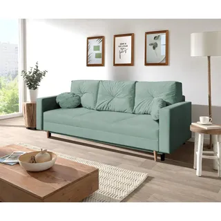 3-Sitzer Sofa MILAN auf Velours, Schlafsofa mit Bettfunktion und Bettkasten, Sofa, Couch mit Holzbeinen (Stoff: trinity 21 - mint) - Türkis